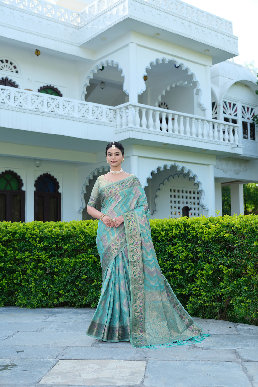 Dhiyona GR Women's Rangkat Baby Blue Leheriya Design Banarasi Organza Saree