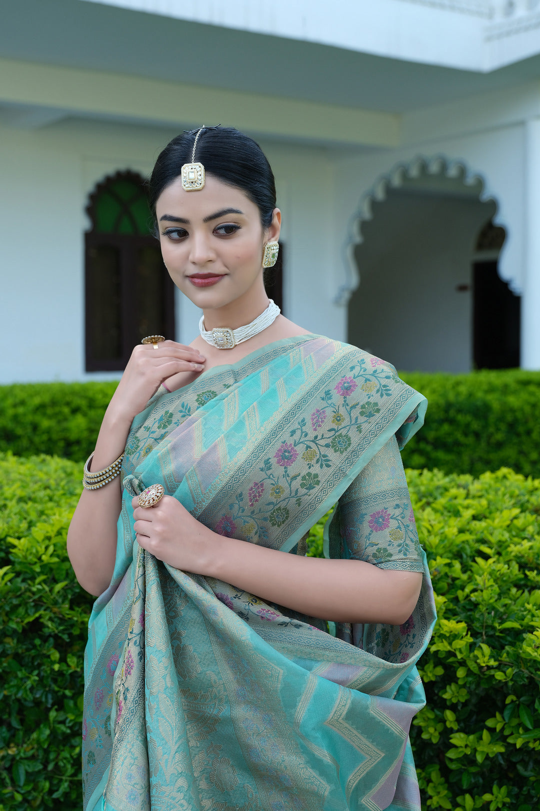 Dhiyona GR Women's Rangkat Baby Blue Leheriya Design Banarasi Organza Saree