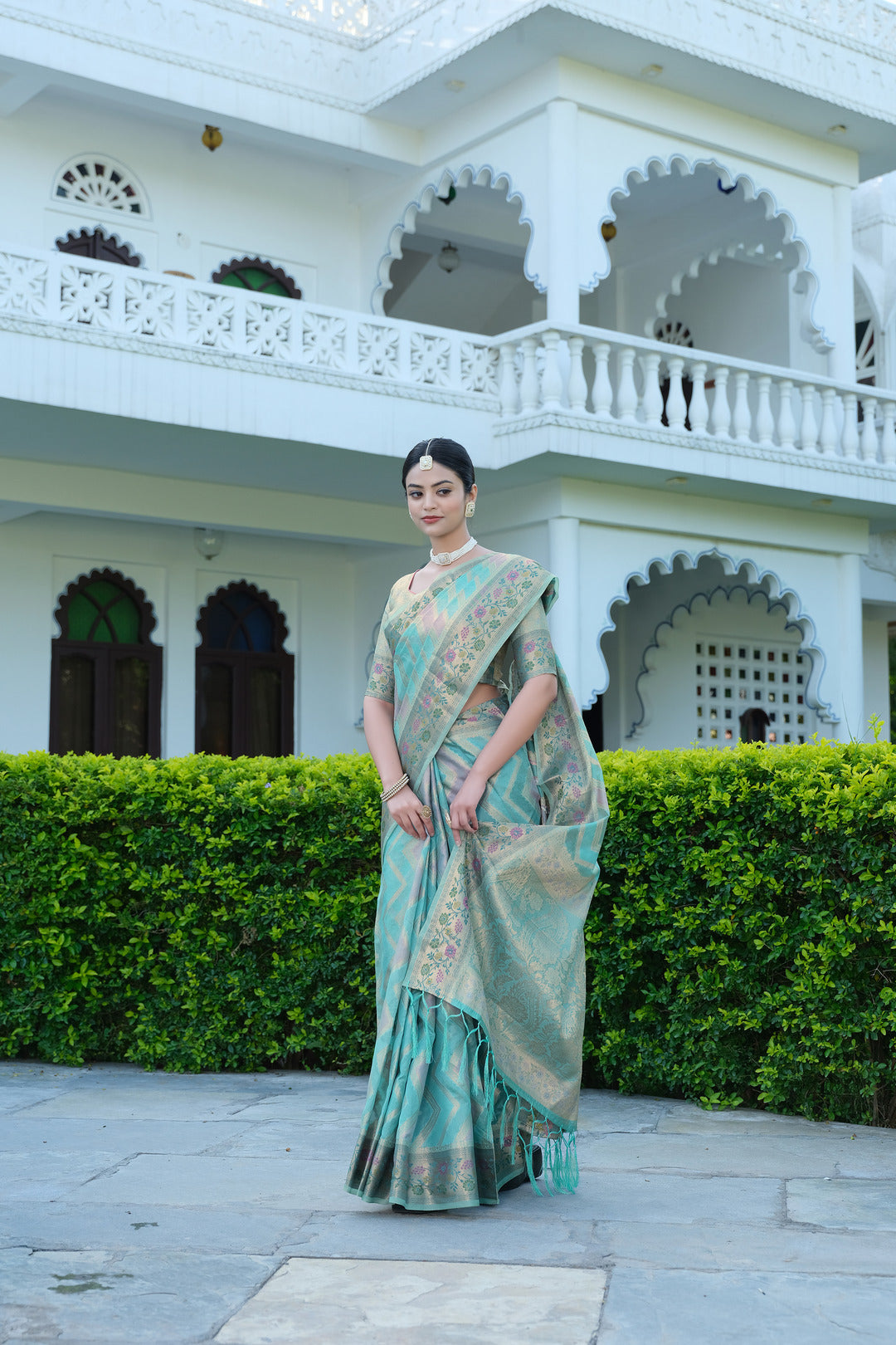 Dhiyona GR Women's Rangkat Baby Blue Leheriya Design Banarasi Organza Saree