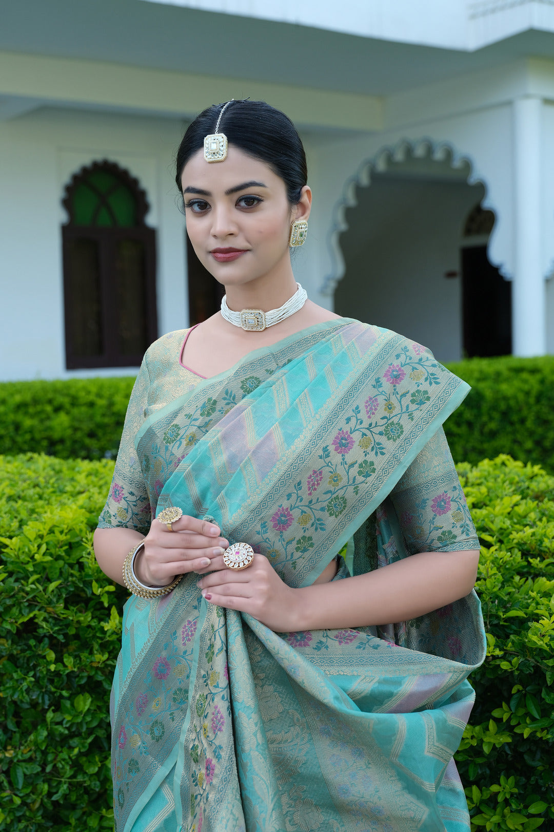 Dhiyona GR Women's Rangkat Baby Blue Leheriya Design Banarasi Organza Saree