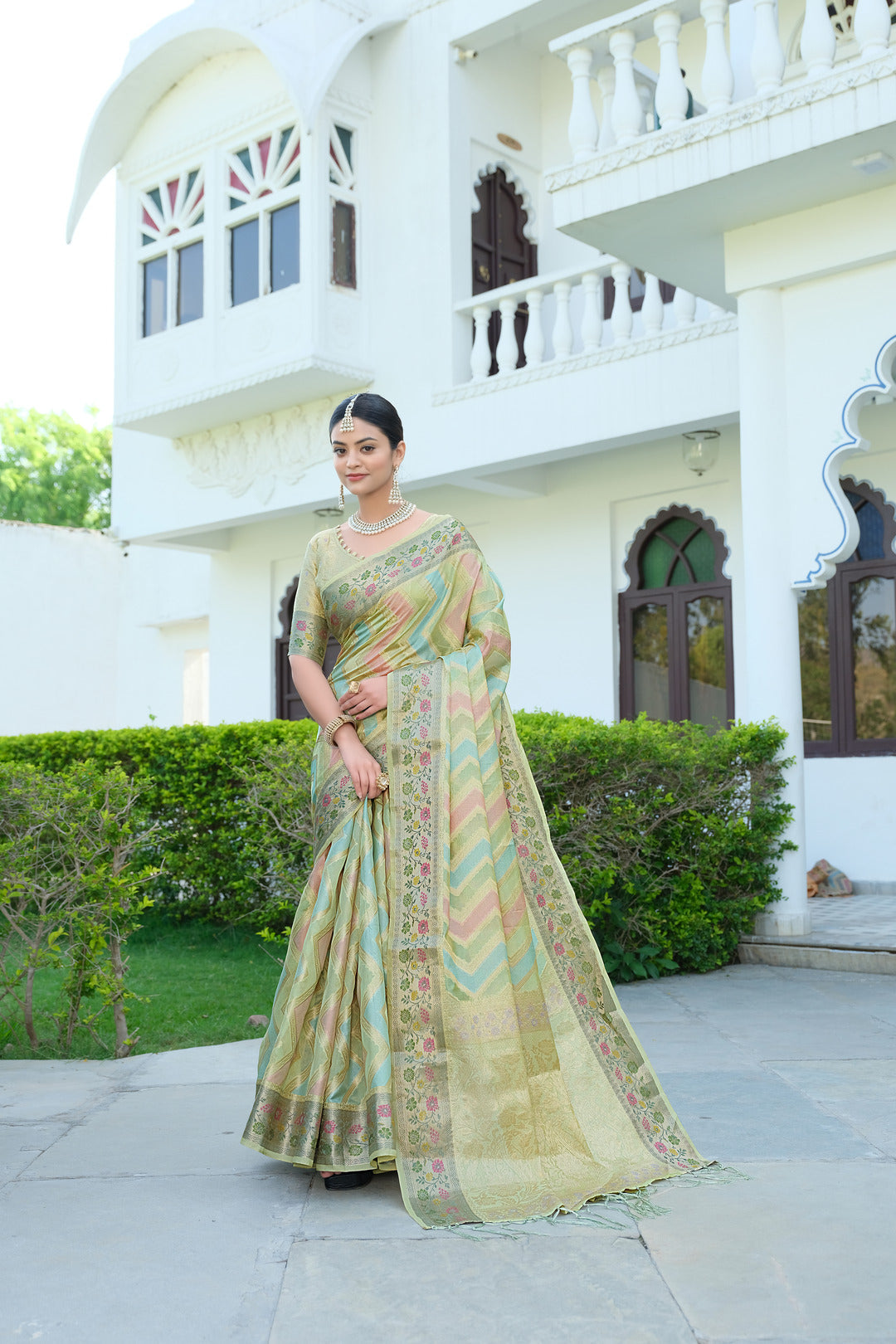 Dhiyona GR Women's Rangkat Sage Green Leheriya Design Banarasi Organza Saree