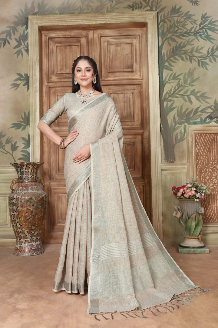 Dhiyona GR Women's Rangrez Spanish Grey Soft Linen Solid Woven Saree