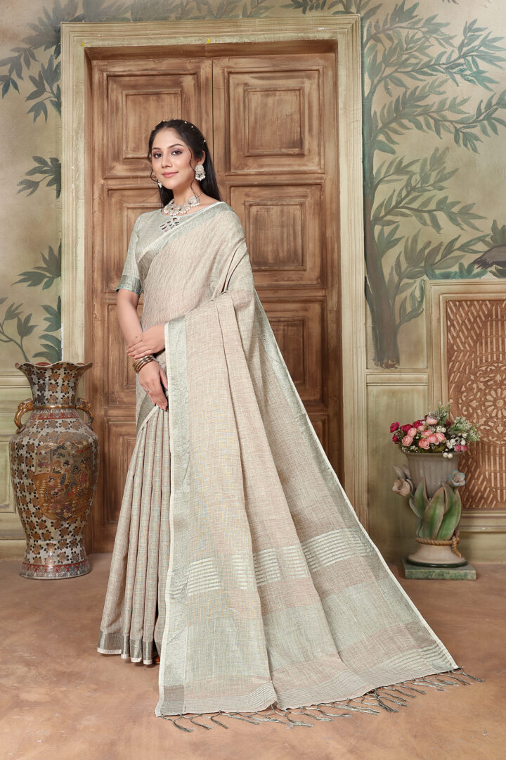 Dhiyona GR Women's Rangrez Spanish Grey Soft Linen Solid Woven Saree