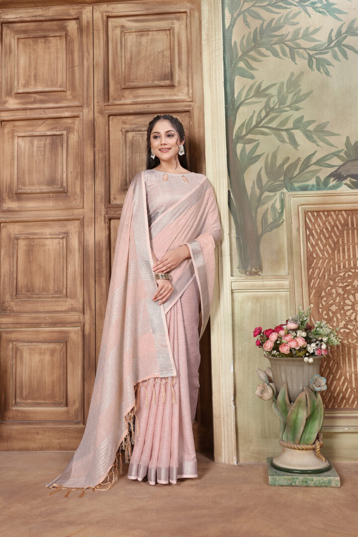 Dhiyona GR Women's Rangrez Misty Rose Pink Soft Linen Solid Woven Saree