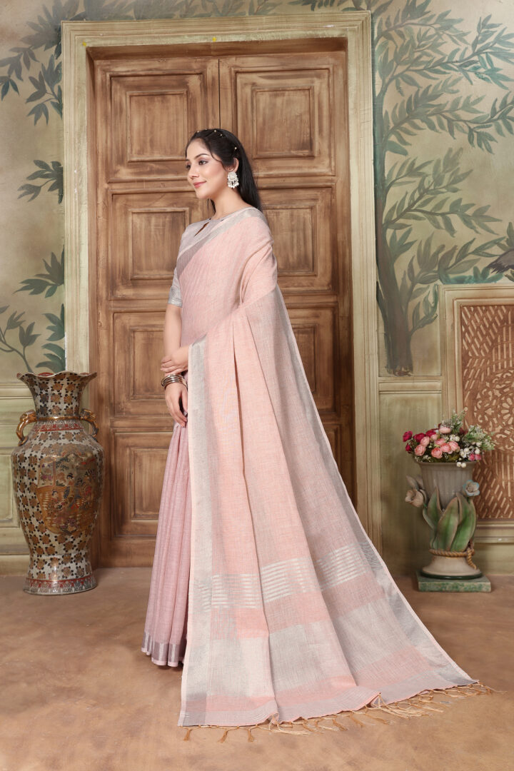 Dhiyona GR Women's Rangrez Misty Rose Pink Soft Linen Solid Woven Saree