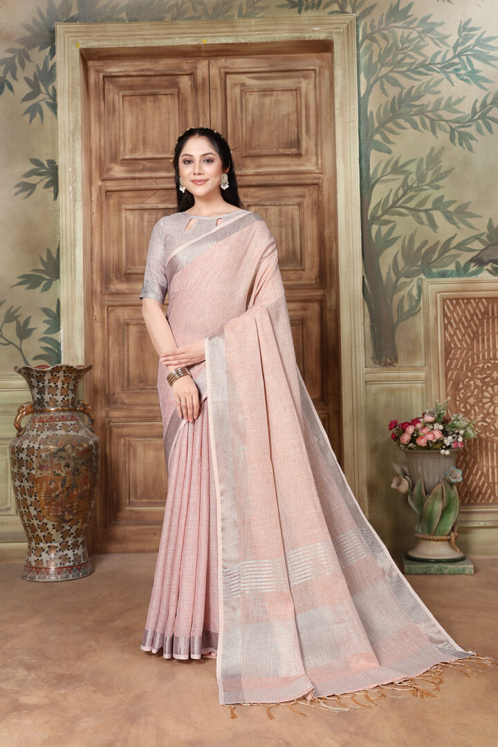 Dhiyona GR Women's Rangrez Misty Rose Pink Soft Linen Solid Woven Saree