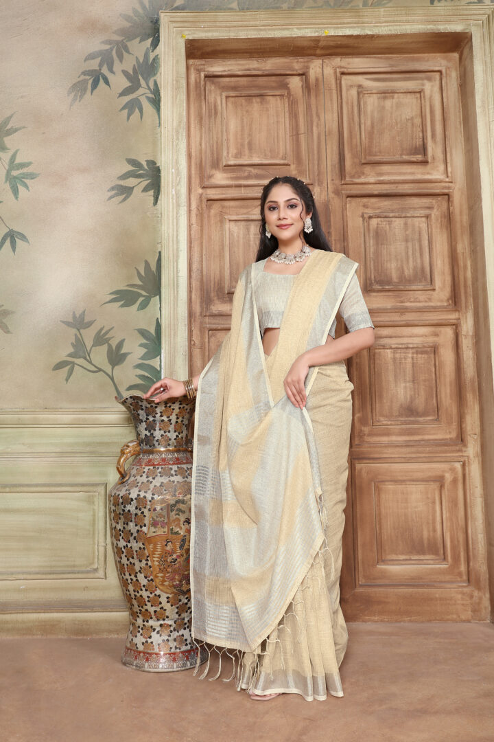 Dhiyona GR Women's Rangrez Parmesan Yellow Soft Linen Solid Woven Saree