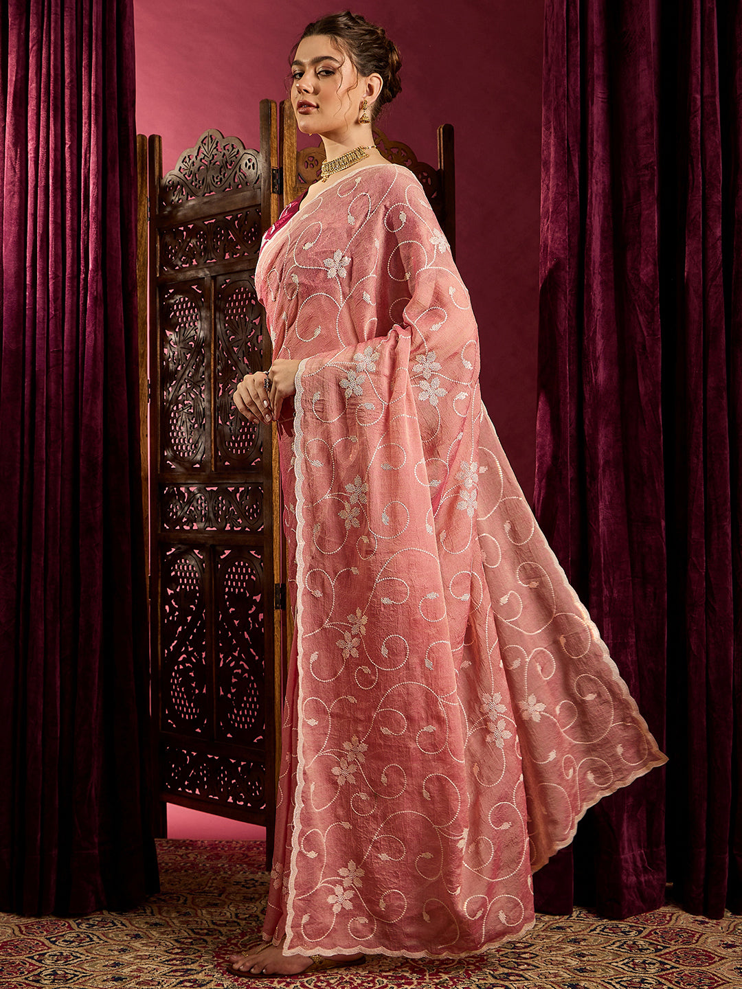 Women's Chiffon Peach Embroidered Designer Saree With Blouse Piece