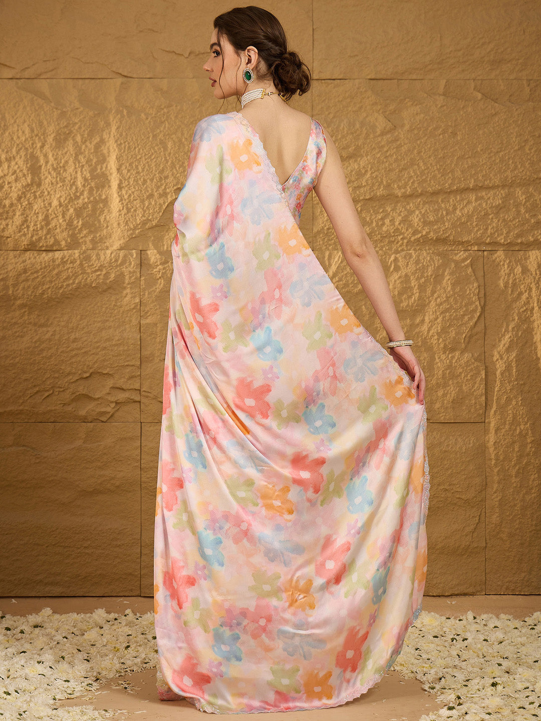 Women's Satin Silk Multicolored Embellished Designer Saree With Blouse Piece