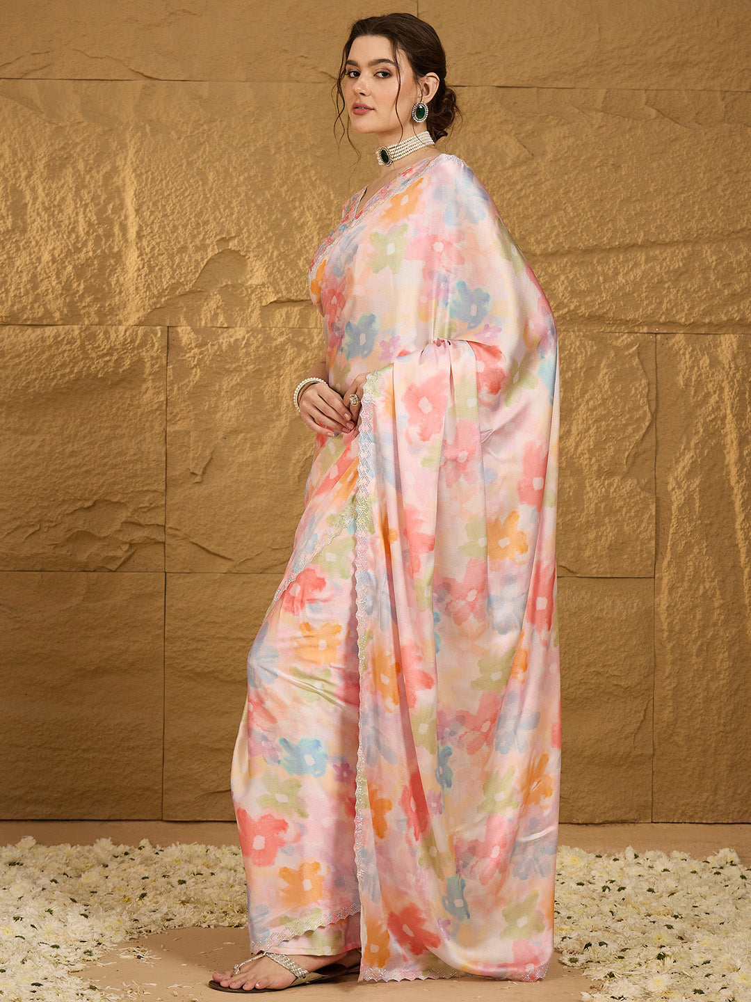Women's Satin Silk Multicolored Embellished Designer Saree With Blouse Piece