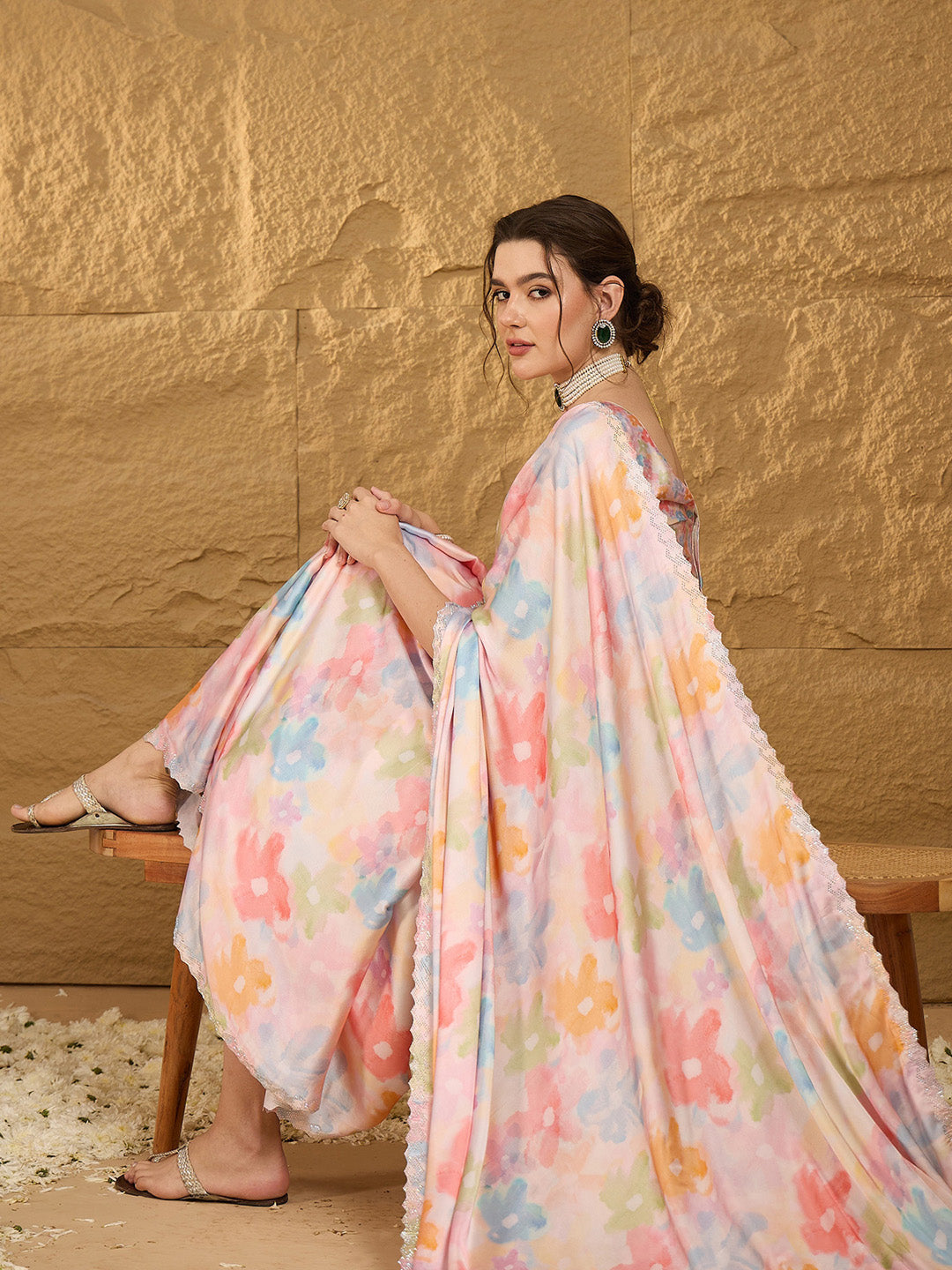 Women's Satin Silk Multicolored Embellished Designer Saree With Blouse Piece