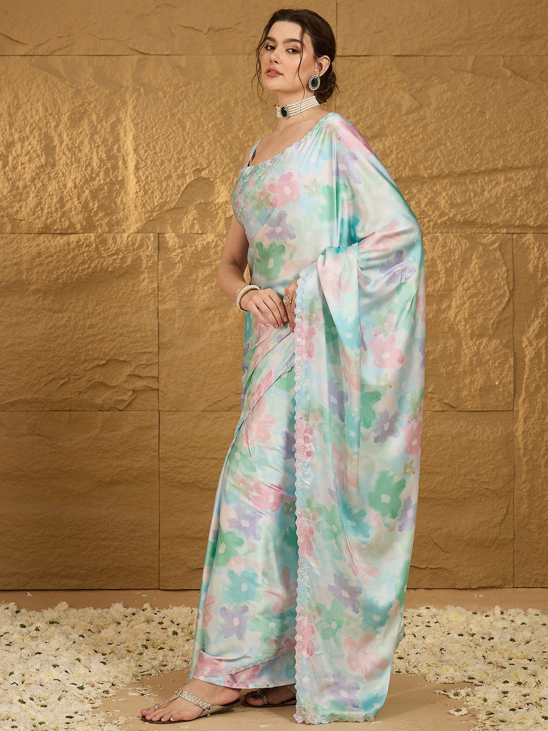 Women's Satin Silk Light Blue Embellished Designer Saree With Blouse Piece