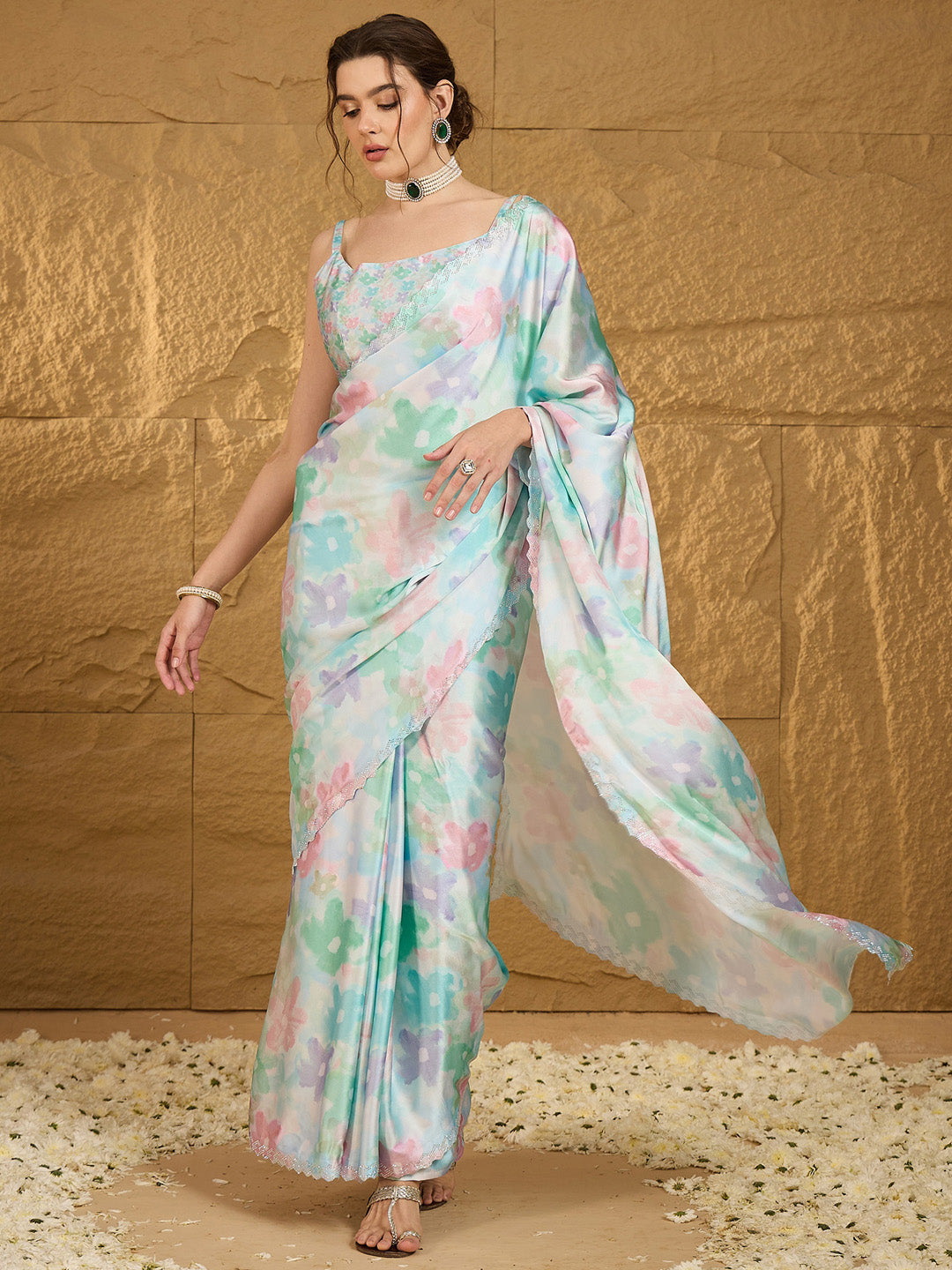 Women's Satin Silk Light Blue Embellished Designer Saree With Blouse Piece