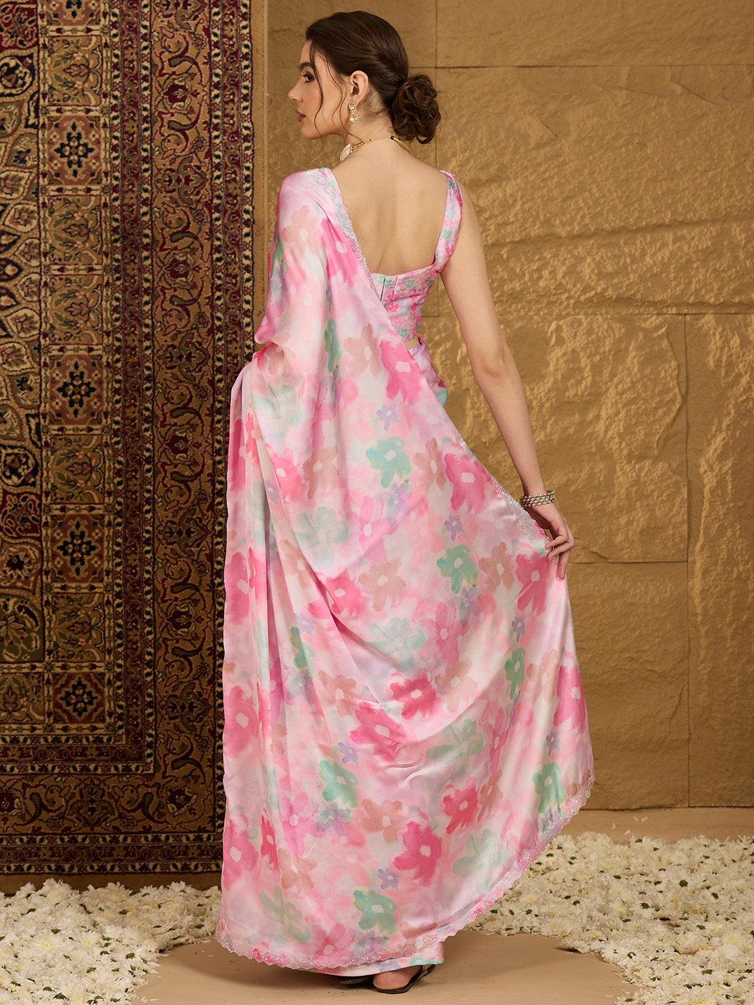 Women's Satin Silk Pink Embellished Designer Saree With Blouse Piece