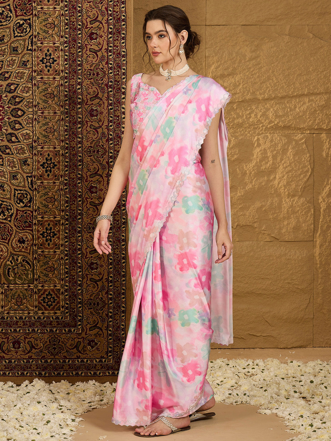 Women's Satin Silk Pink Embellished Designer Saree With Blouse Piece