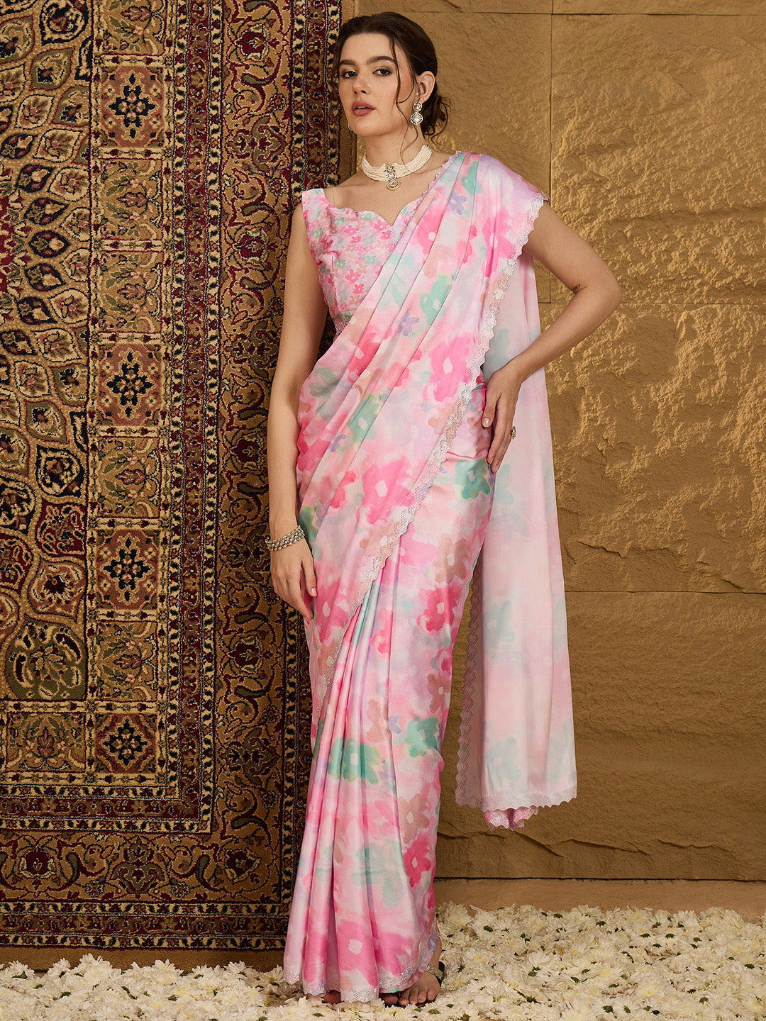 Women's Satin Silk Pink Embellished Designer Saree With Blouse Piece