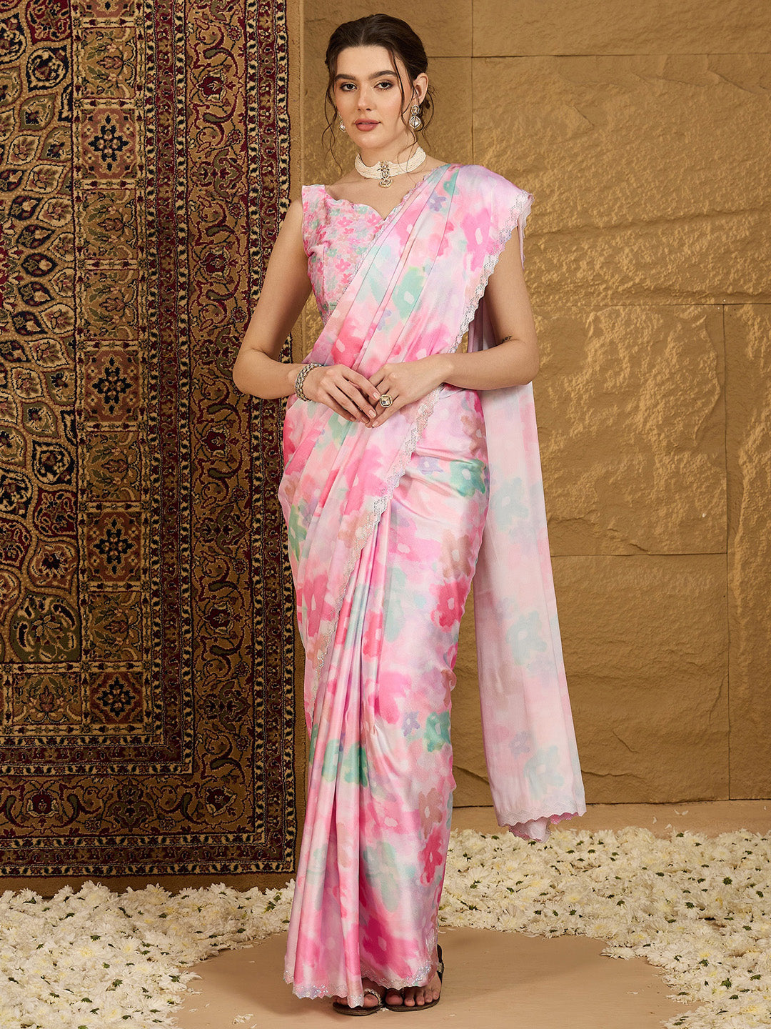 Women's Satin Silk Pink Embellished Designer Saree With Blouse Piece