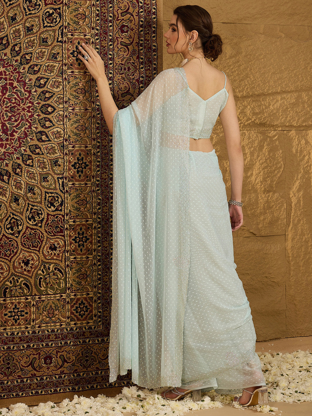 Women's Chiffon Light Blue Embellished Designer Saree With Blouse Piece