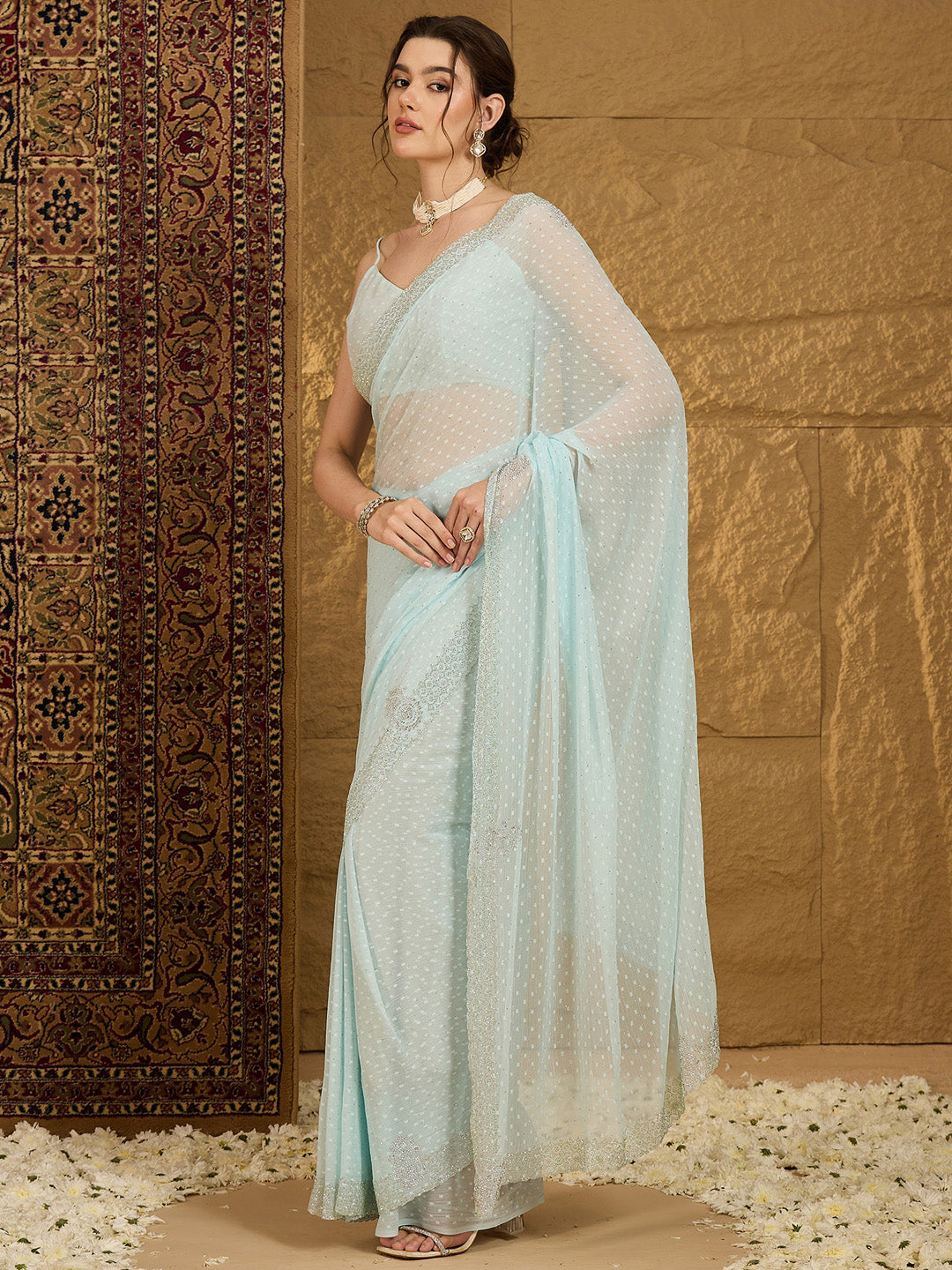 Women's Chiffon Light Blue Embellished Designer Saree With Blouse Piece