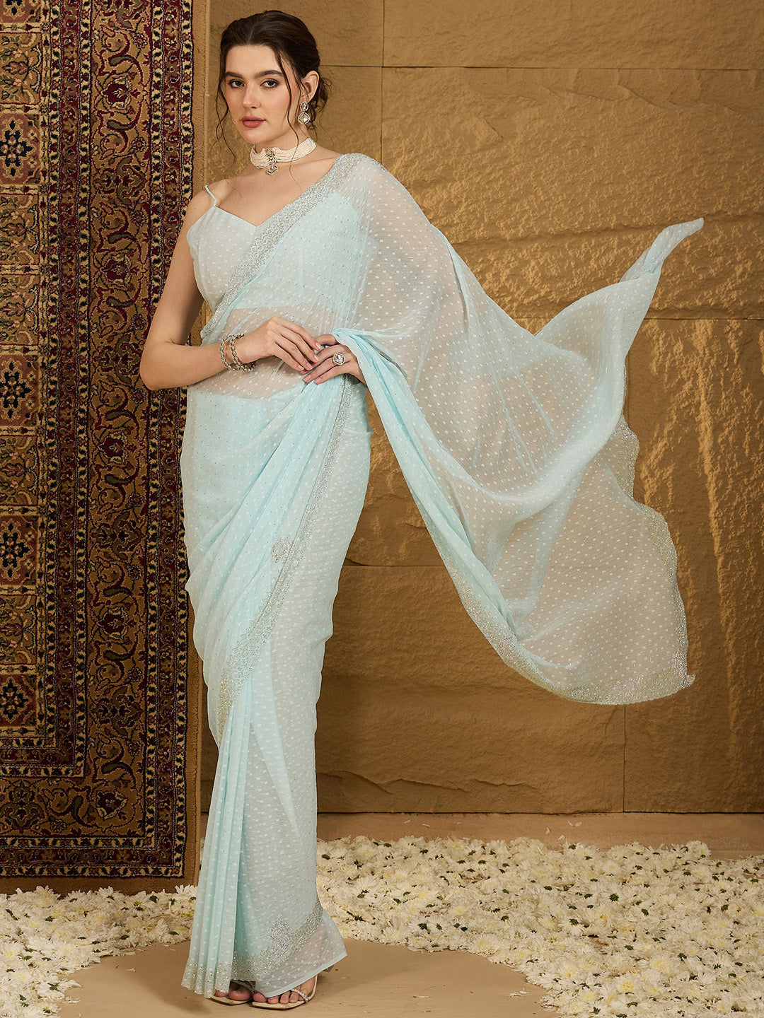 Women's Chiffon Light Blue Embellished Designer Saree With Blouse Piece
