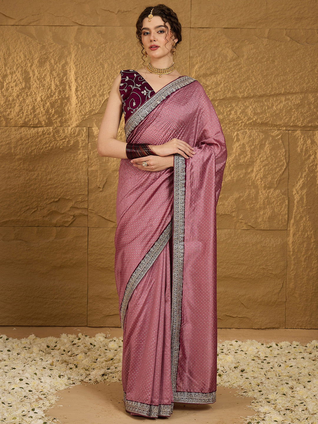 Women's Vichitra Silk Mauve Embroidered Designer Saree With Blouse Piece