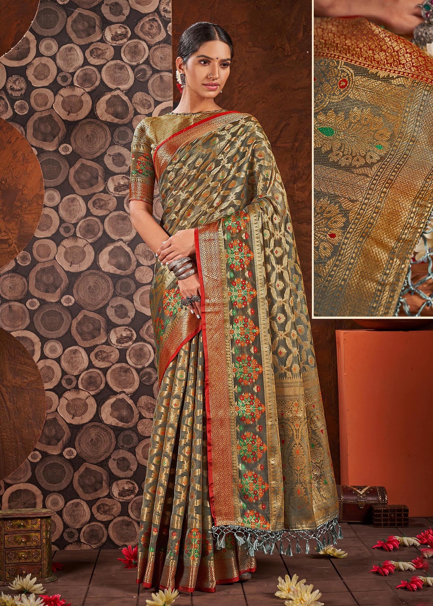 Dhiyona GR Women's Rashmika Dovetail Grey Zari Woven Design Banarasi Organza Saree