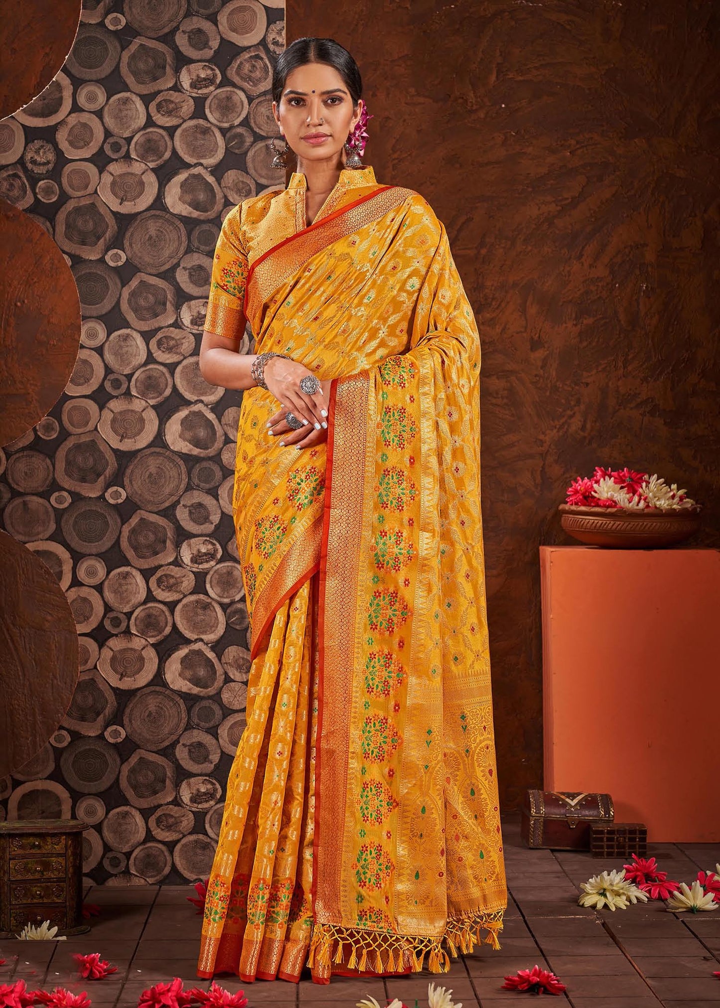 Dhiyona GR Women's Rashmika Fire Yellow Zari Woven Design Banarasi Organza Saree