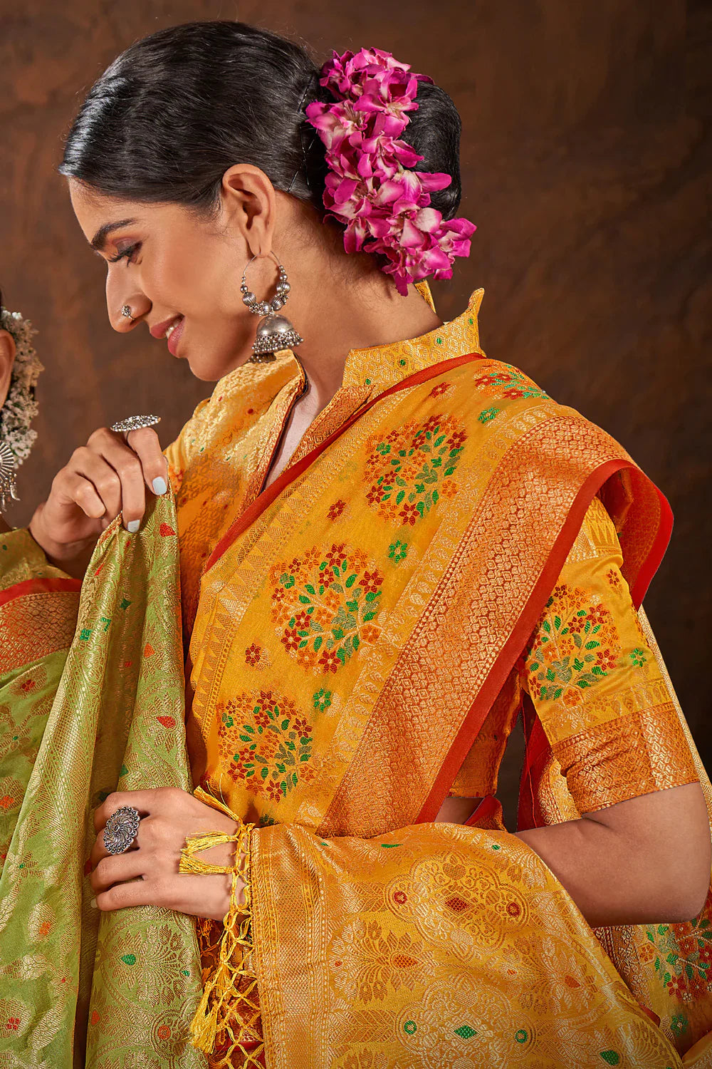 Dhiyona GR Women's Rashmika Fire Yellow Zari Woven Design Banarasi Organza Saree