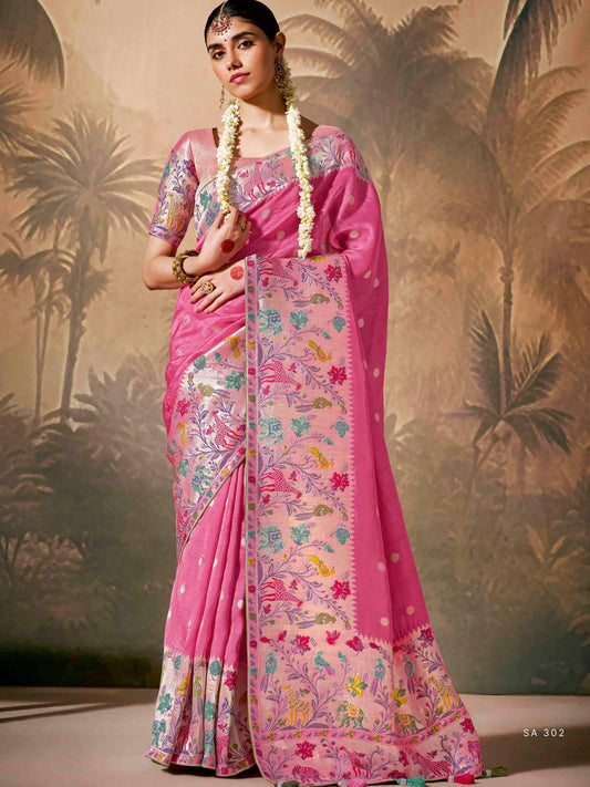 Dhiyona KM Women Gorgeous Pink Banarasi Saree With Multi-Color Floral Weaving &Amp; Matching Pink Blouse