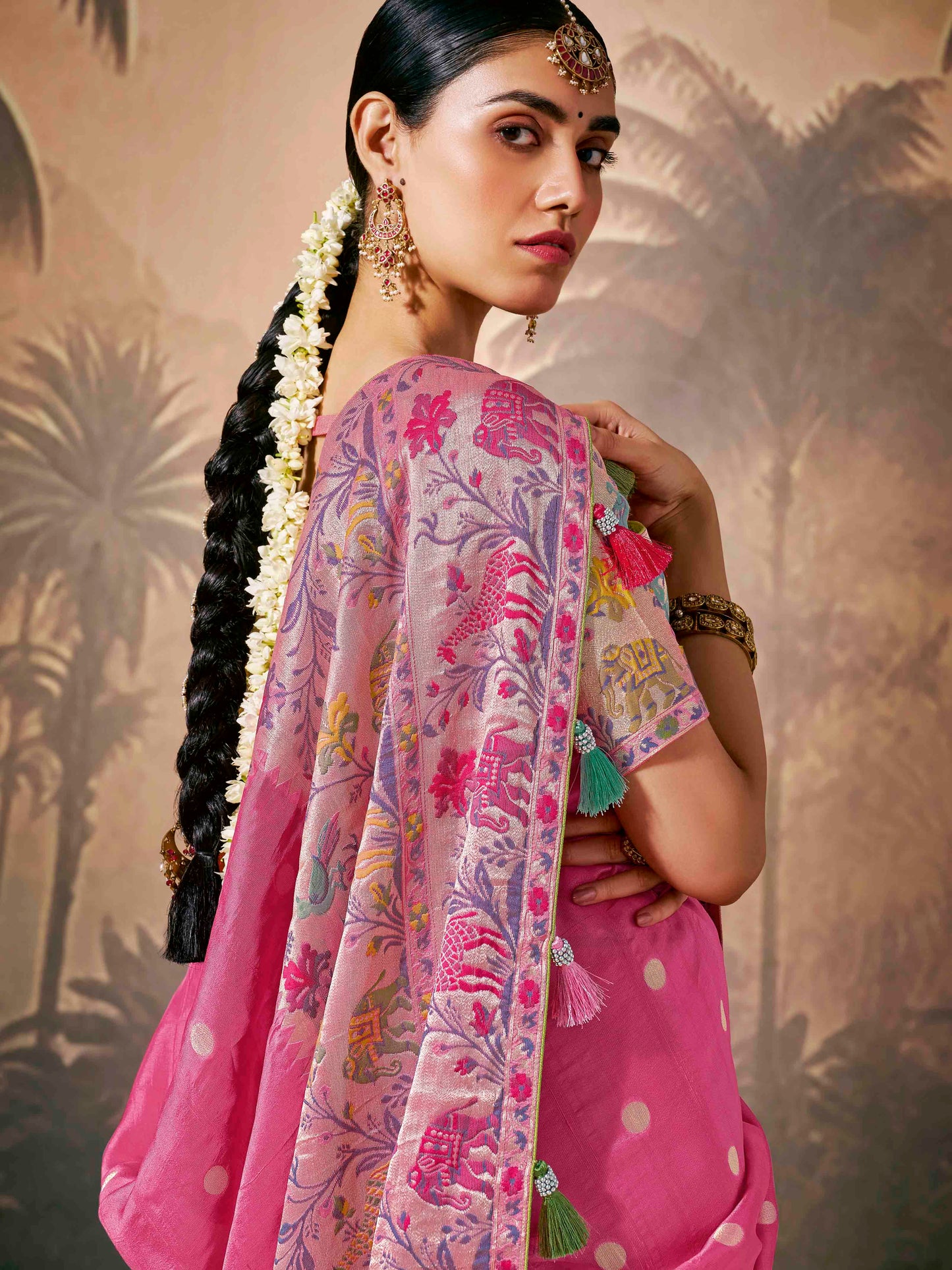Dhiyona KM Women Gorgeous Pink Banarasi Saree With Multi-Color Floral Weaving &Amp; Matching Pink Blouse