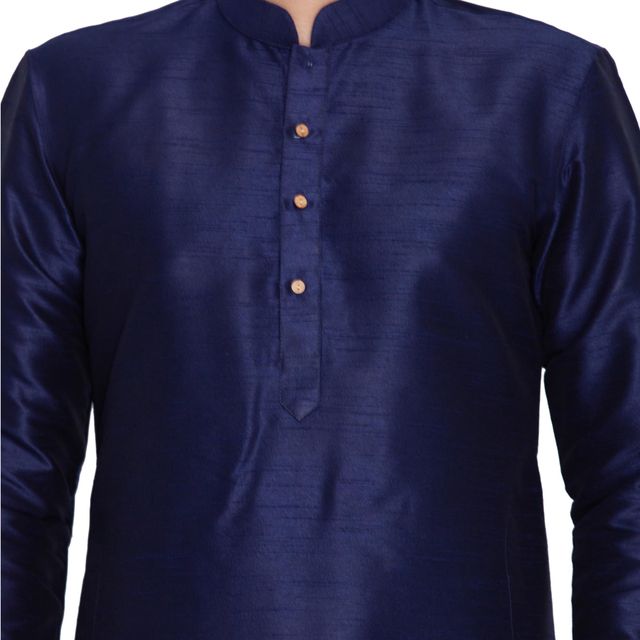 Men's Dark Blue Silk Blend Straight Kurta Pyjama Set