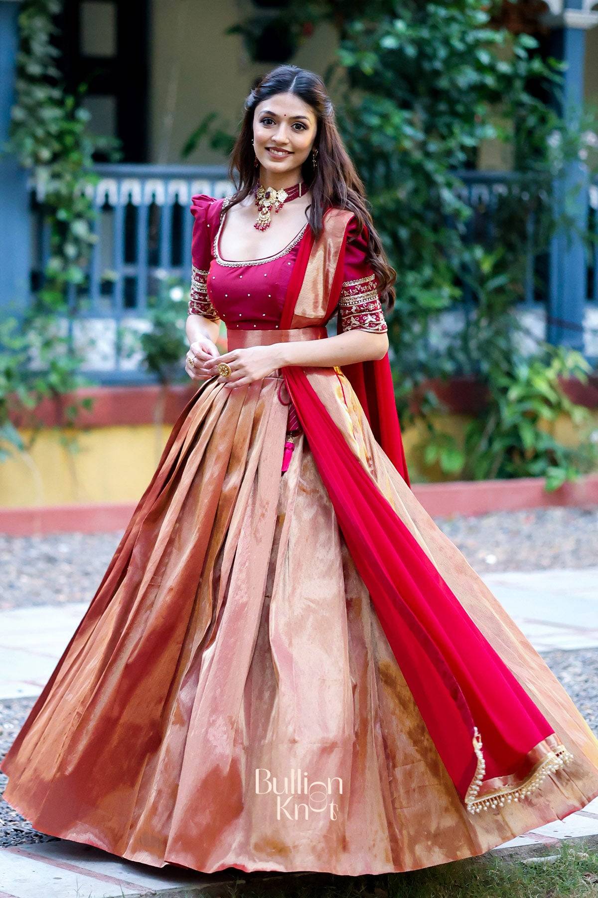 Dhiyona BN Saffron Banarasi Lehenga Set in Wine