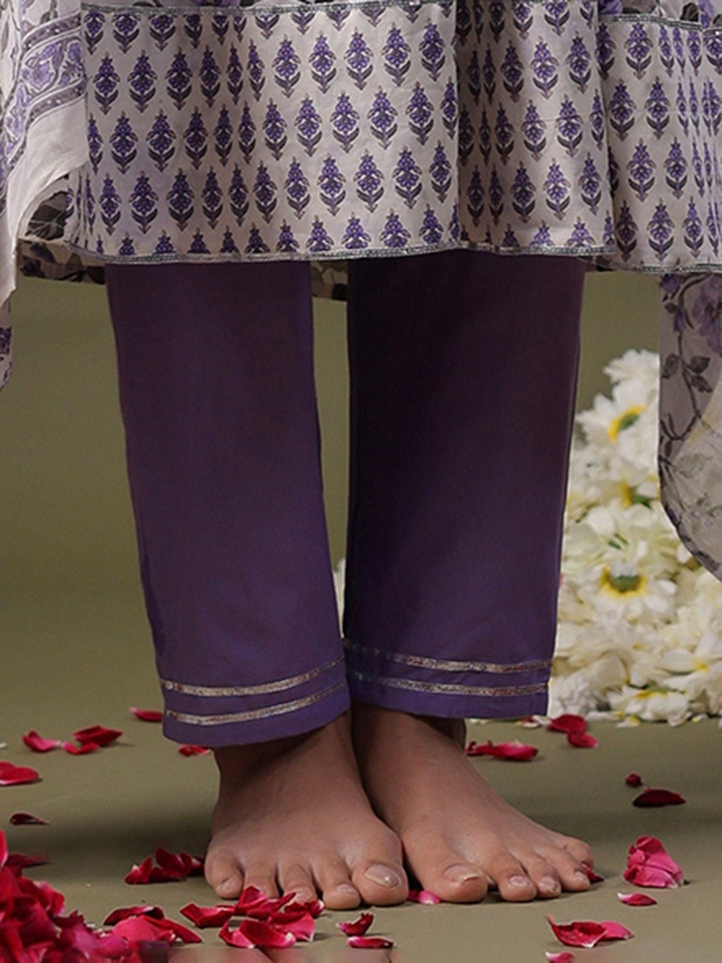 Dhiyona IE Round Neck Floral Printed Empire Sequinned Cotton Kurta with Trouser & Dupatta