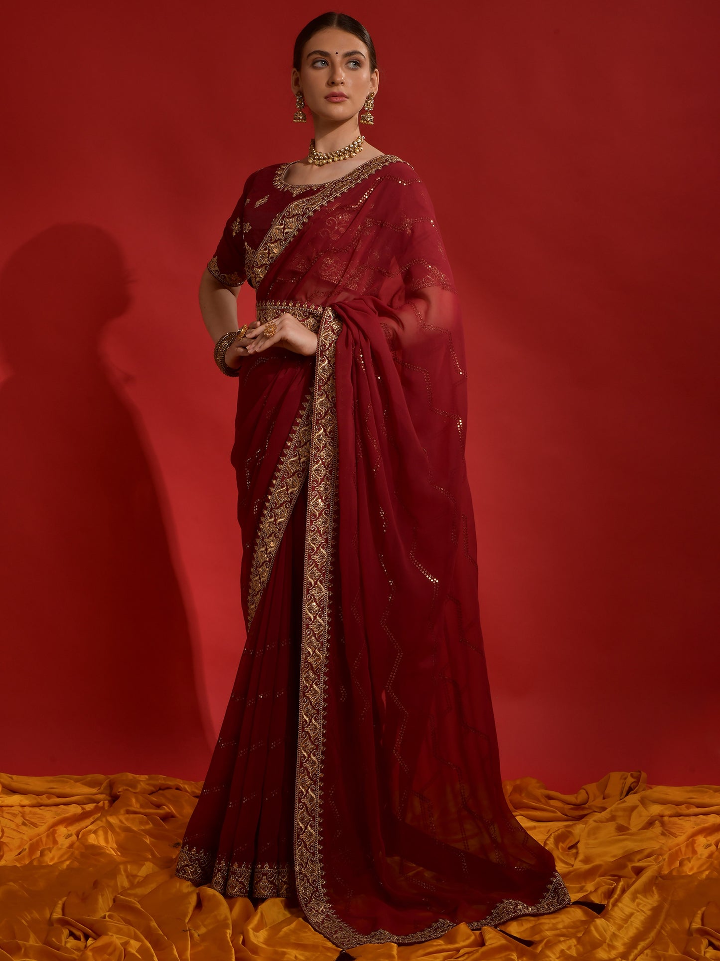 Women's Georgette Maroon Embellished Designer Saree With Blouse Piece