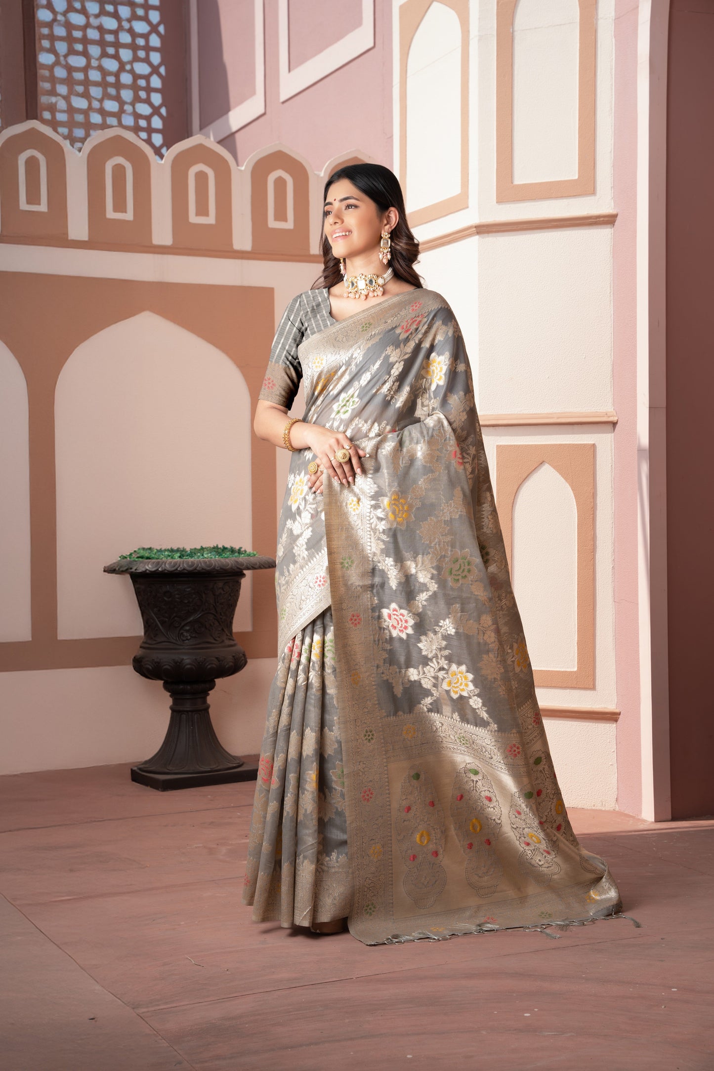 Dhiyona GR Women's Riddhi Grey Cotton Silk Saree