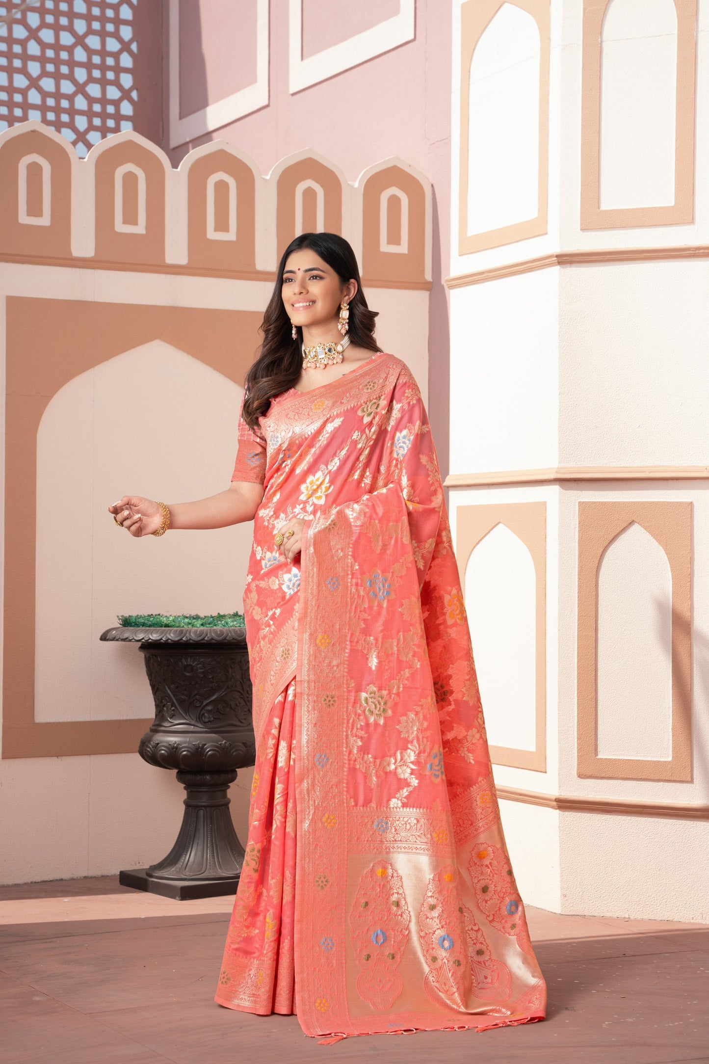 Dhiyona GR Women's Riddhi Peach Cotton Silk Saree