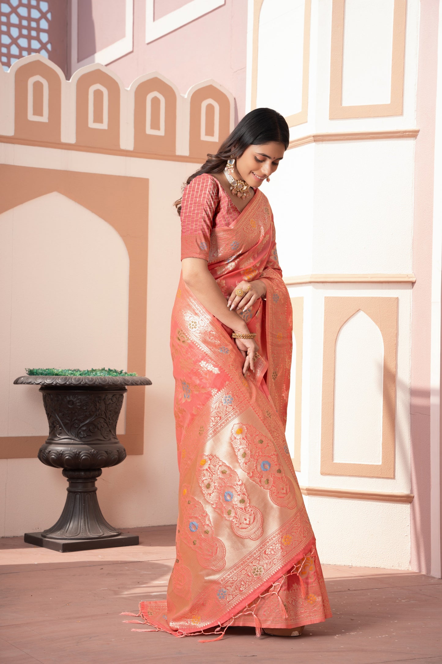 Dhiyona GR Women's Riddhi Peach Cotton Silk Saree
