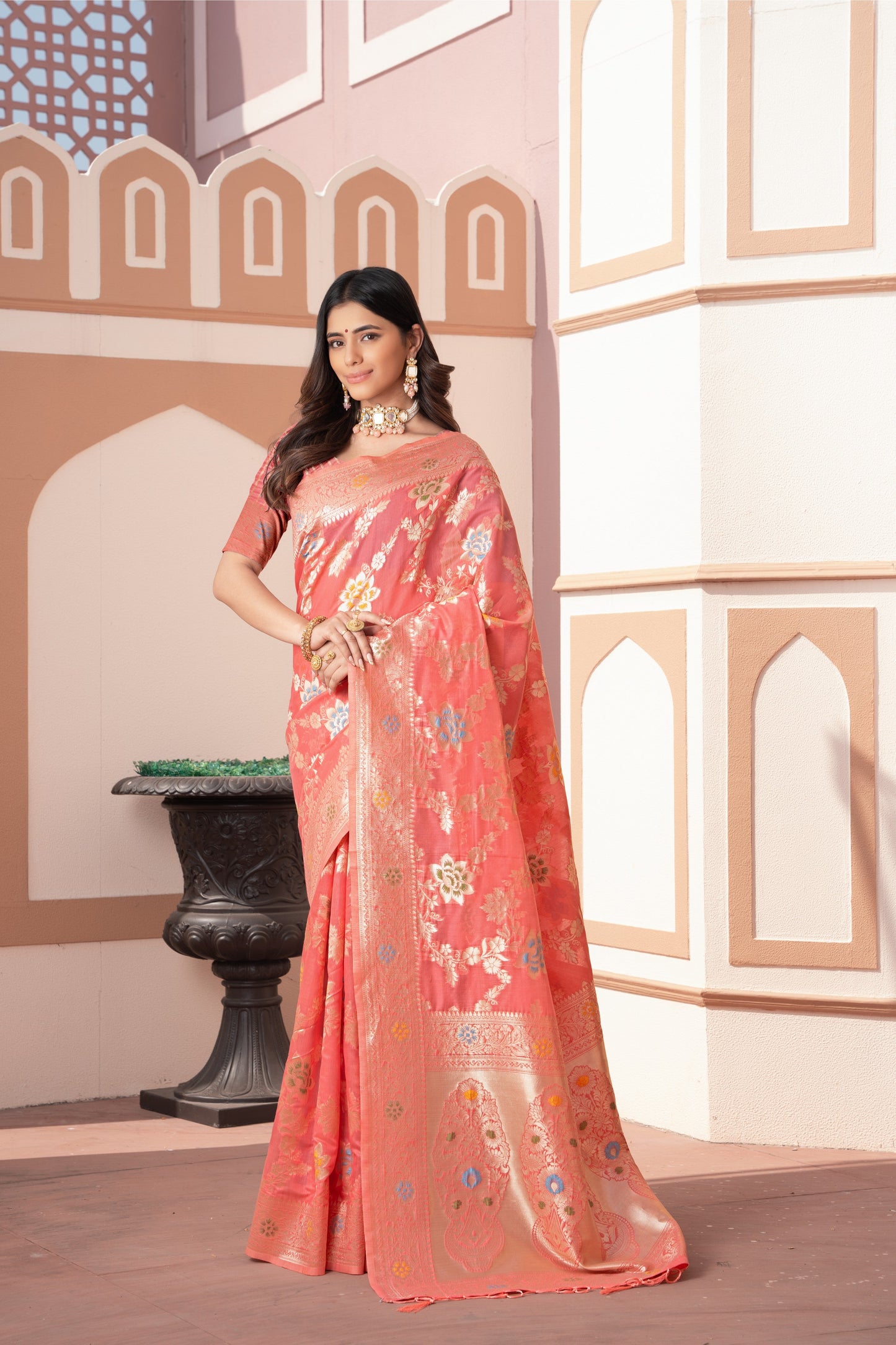 Dhiyona GR Women's Riddhi Peach Cotton Silk Saree
