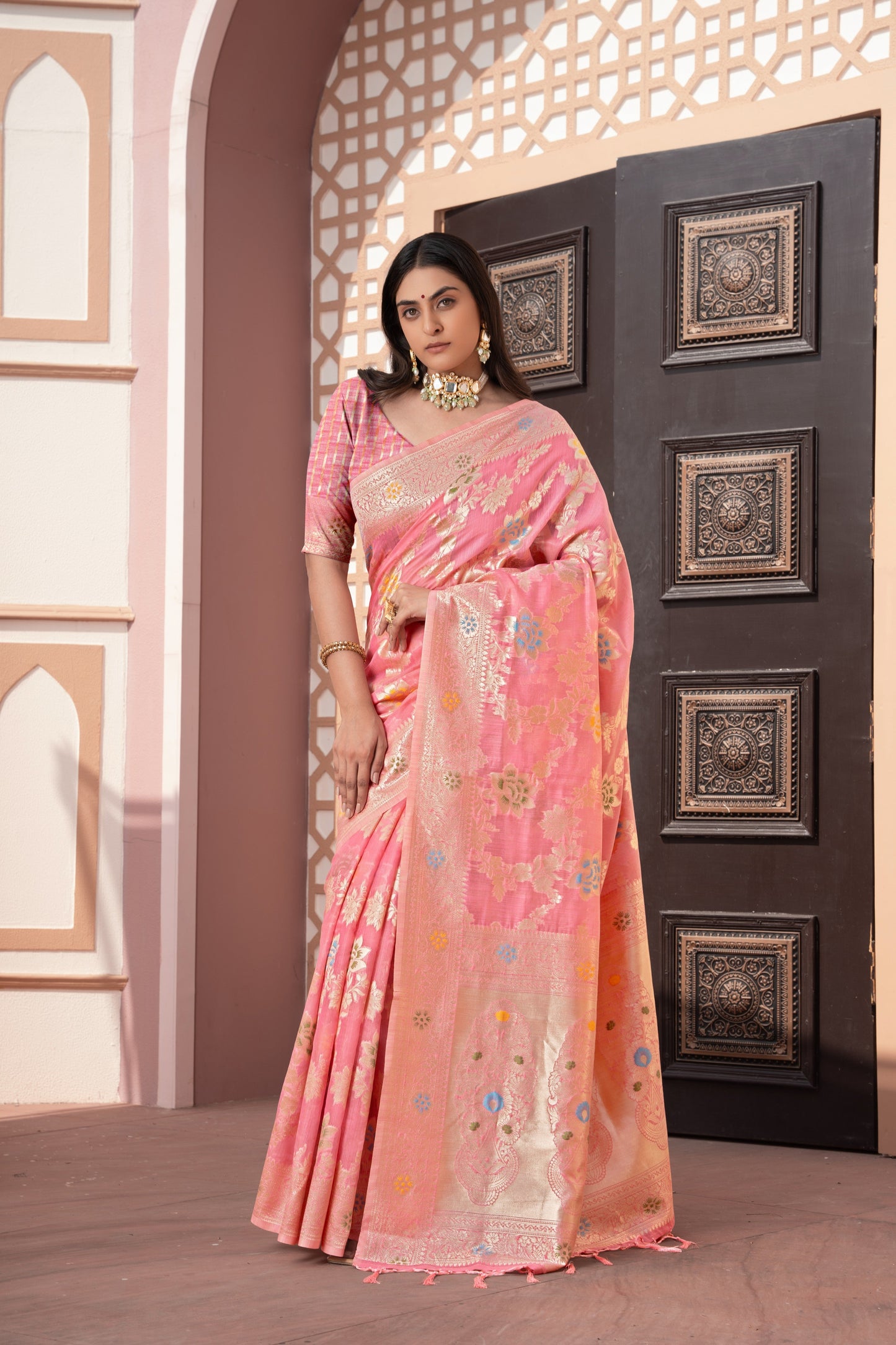 Dhiyona GR Women's Riddhi Pink Cotton Silk Saree