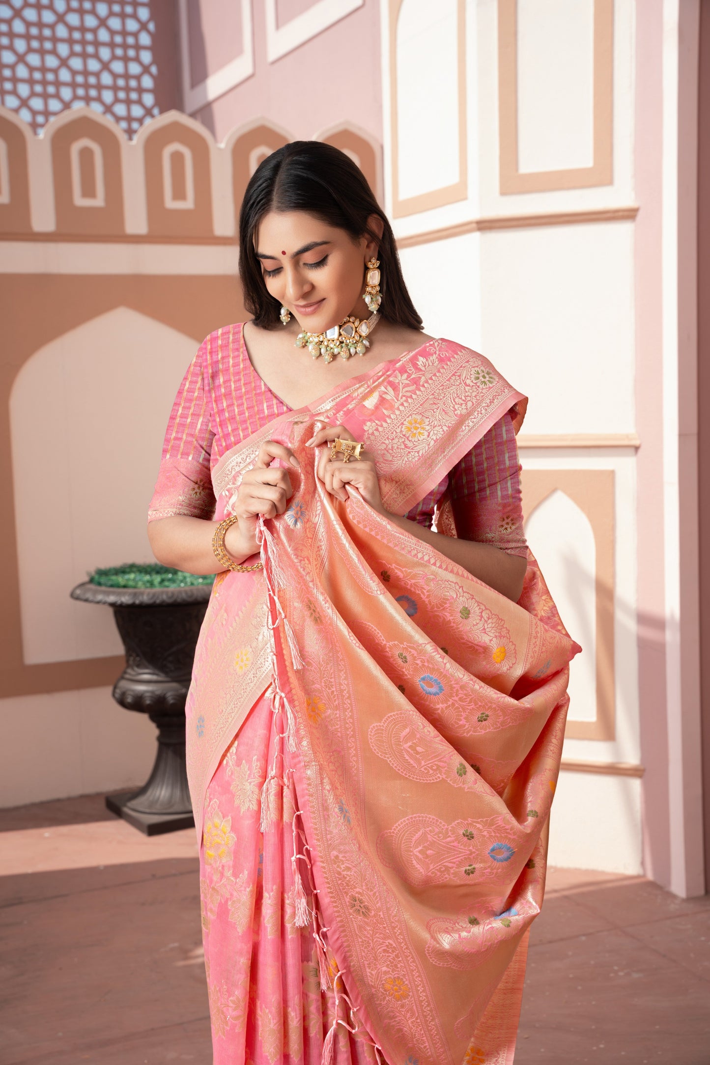Dhiyona GR Women's Riddhi Pink Cotton Silk Saree