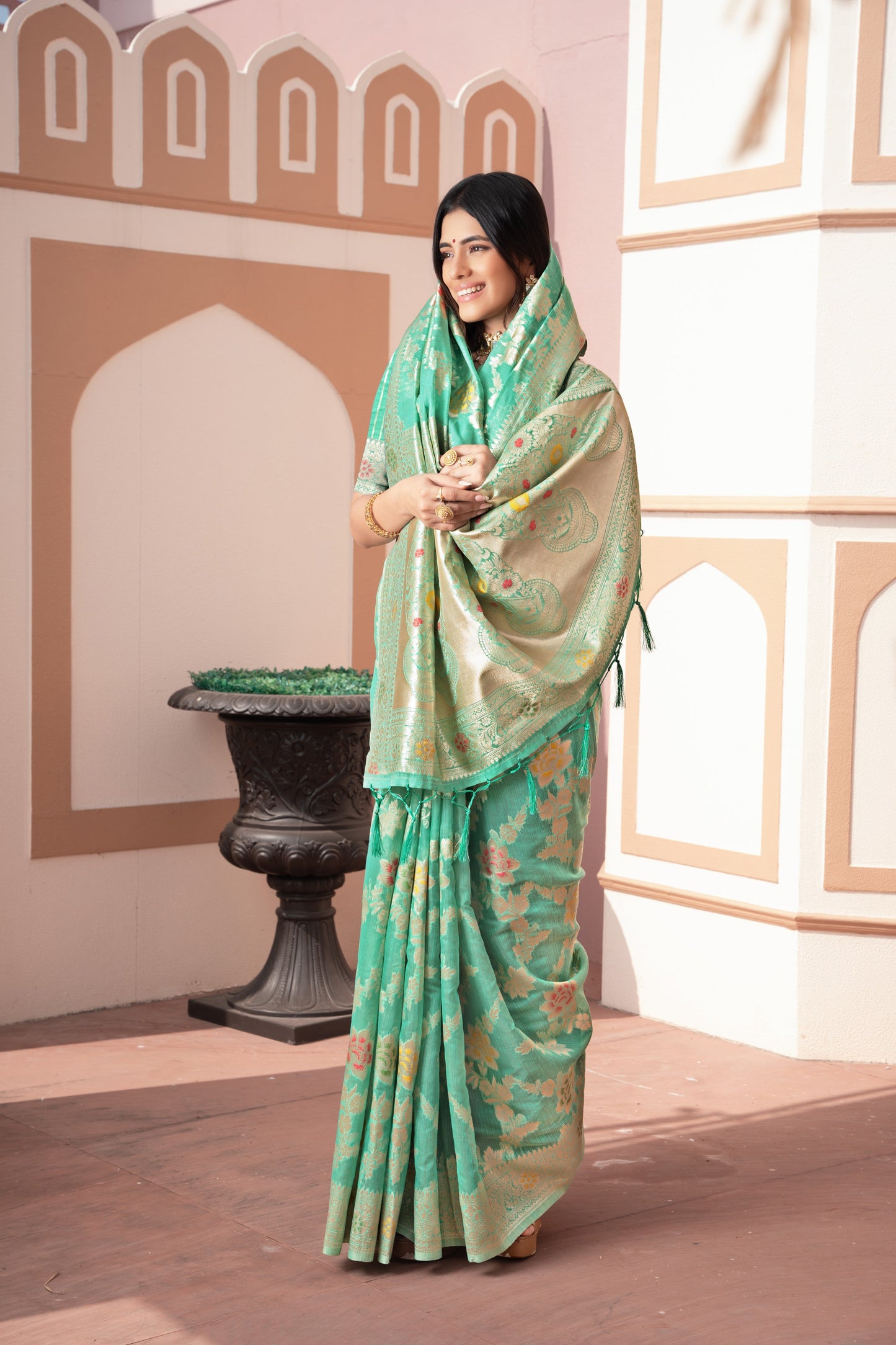 Dhiyona GR Women's Riddhi Sea Green Cotton Silk Saree