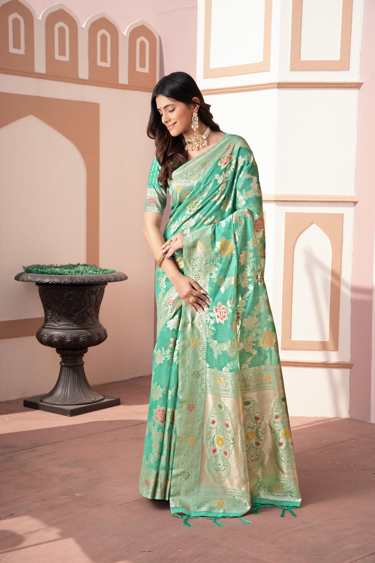 Dhiyona GR Women's Riddhi Sea Green Cotton Silk Saree