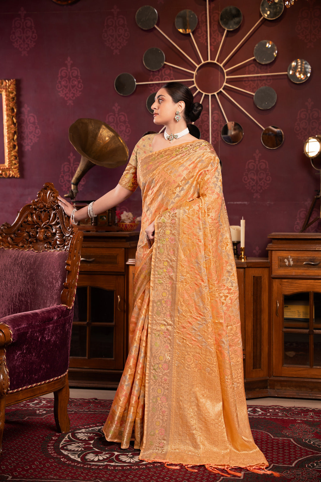 Dhiyona GR Women's Riona Orange Organza Silk Woven Saree