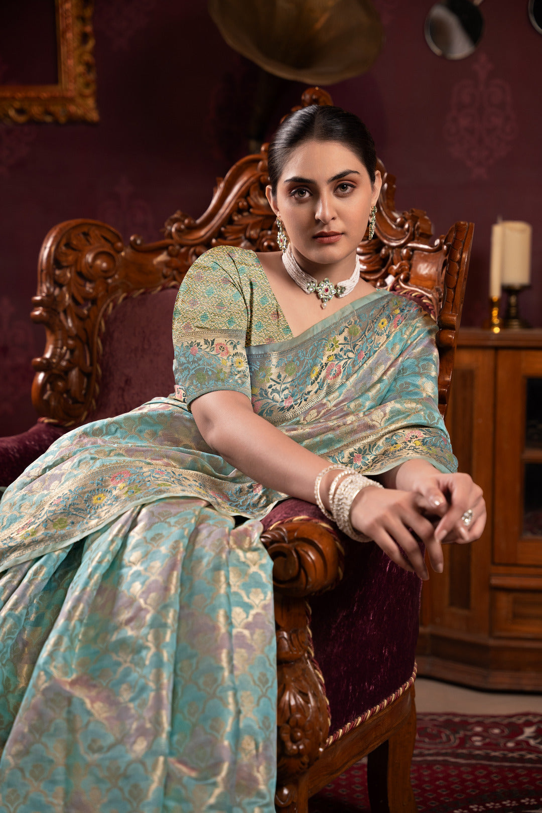 Dhiyona GR Women's Riona Sky Organza Silk Woven Saree