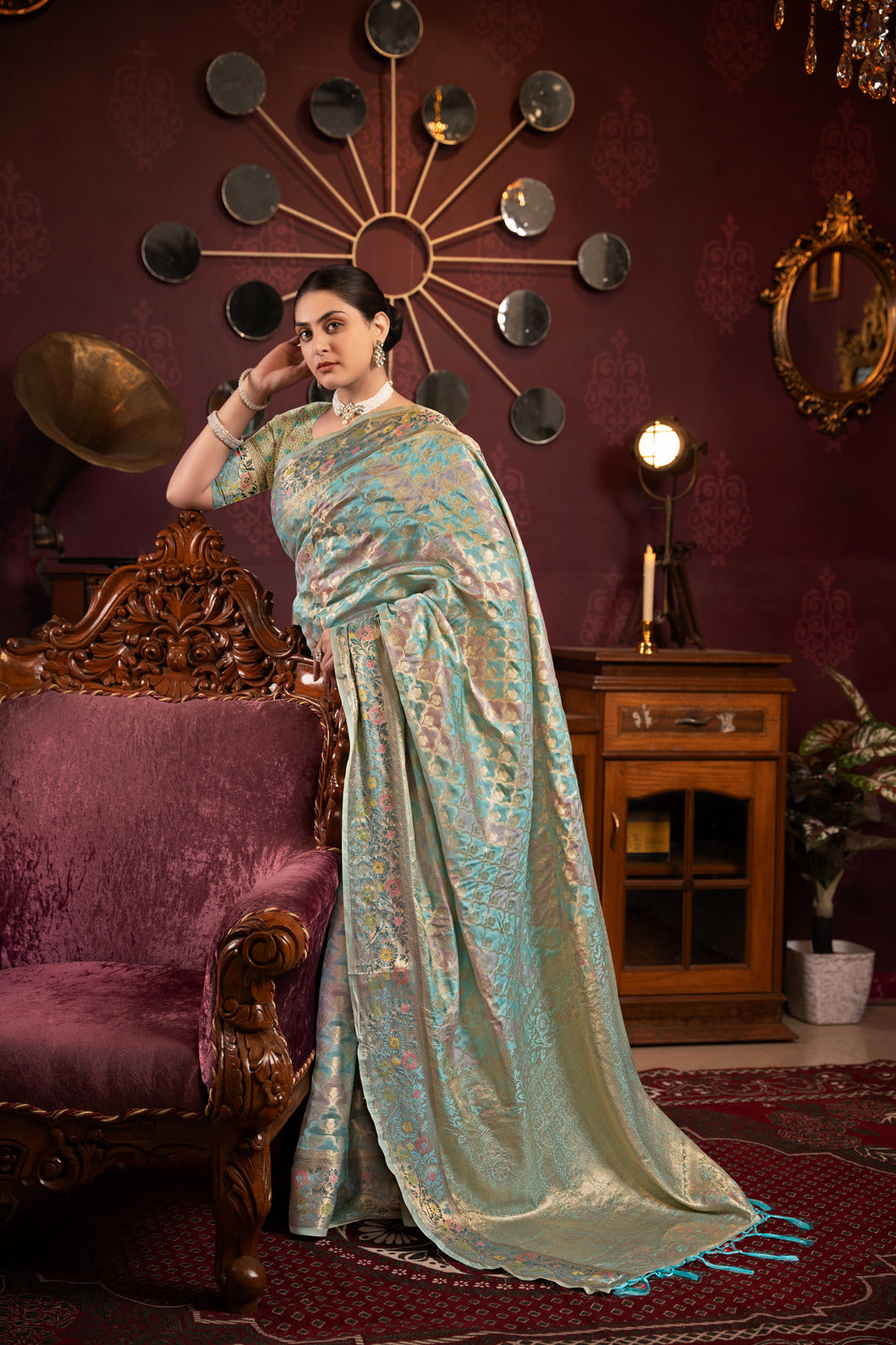 Dhiyona GR Women's Riona Sky Organza Silk Woven Saree