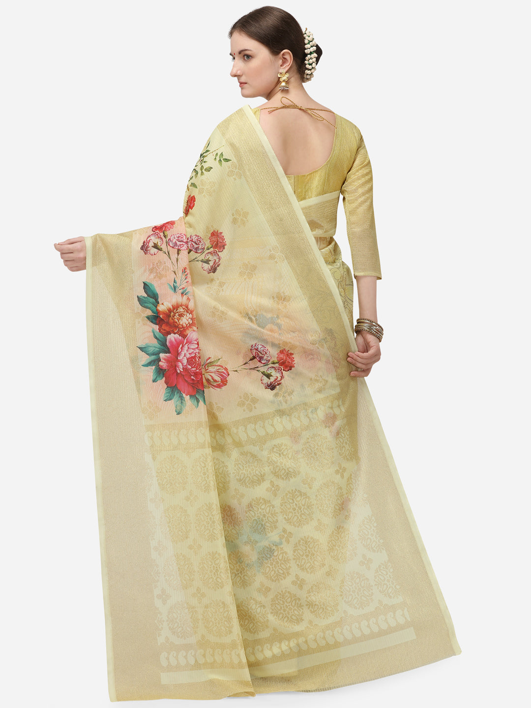 Dhiyona RV Women's Banarasi Jacquard Zari Weaving Digital Printed Saree ( KVD1138 )