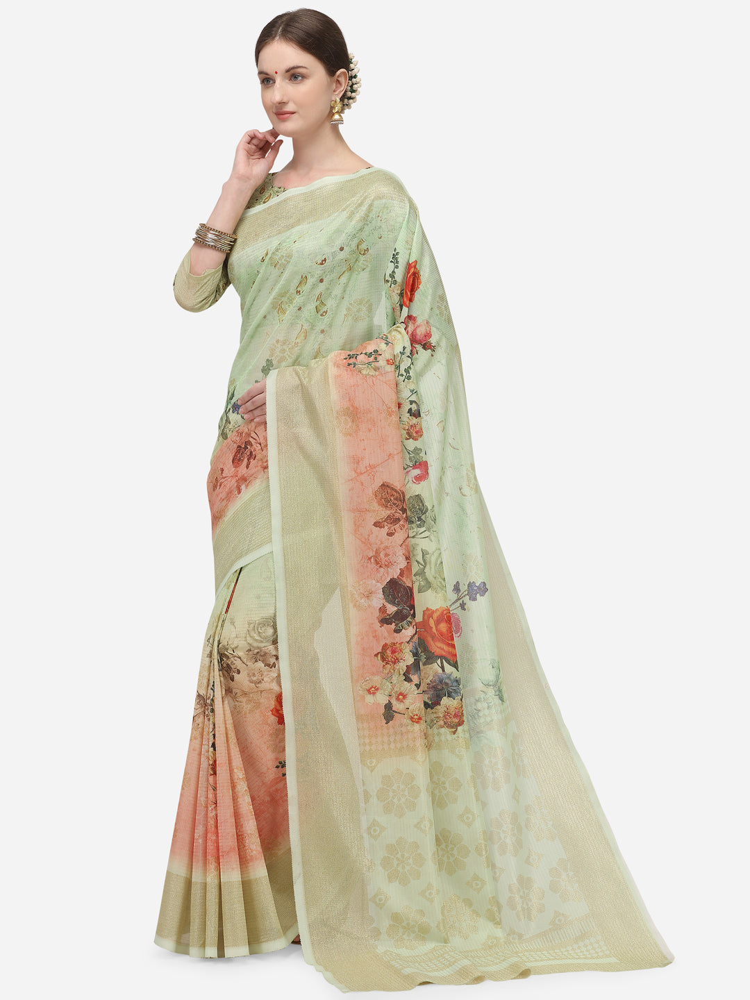 Dhiyona RV Women's Banarasi Jacquard Zari Weaving Digital Printed Saree ( KVD1139 )