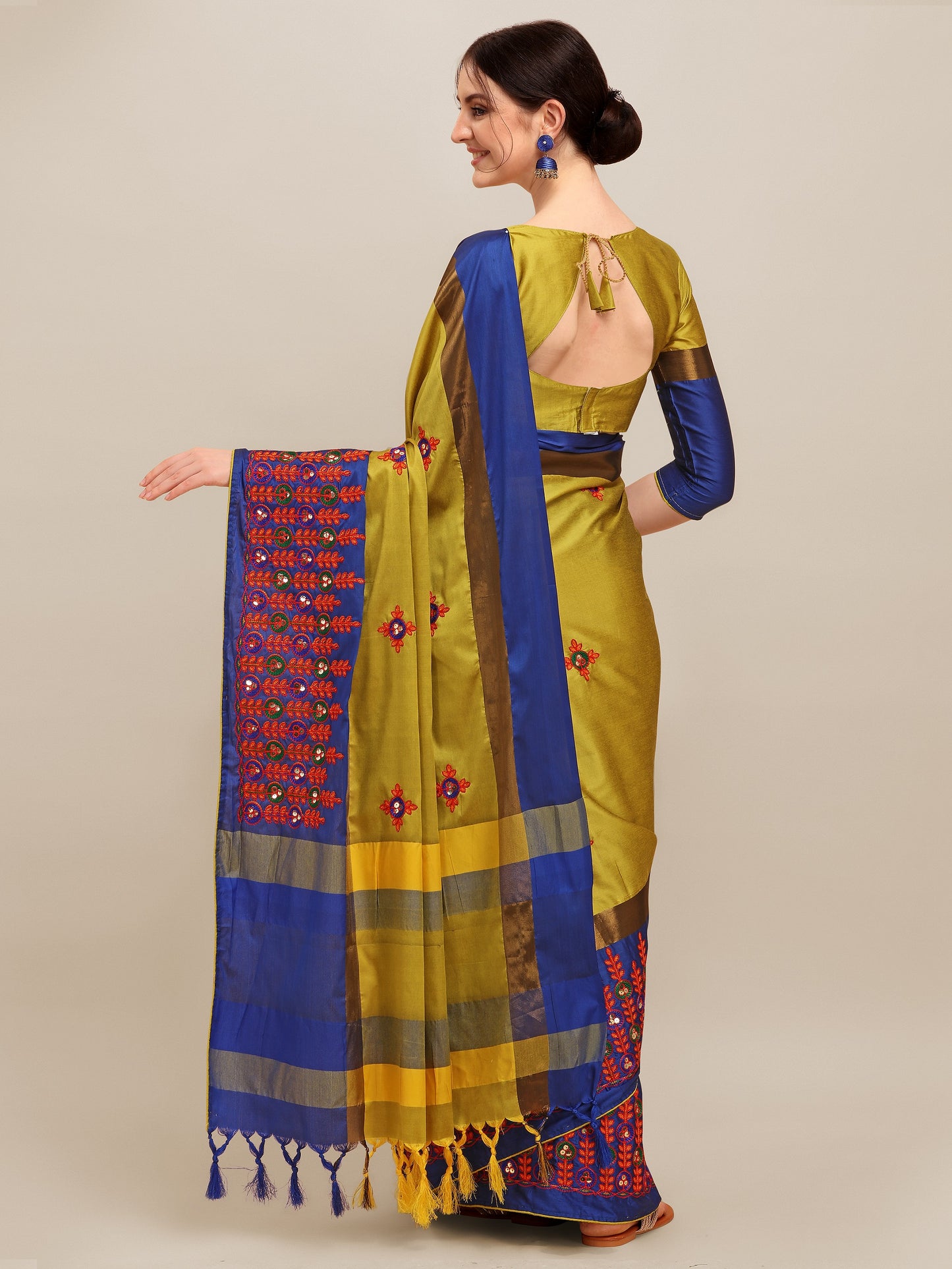 Dhiyona RV Women's Designer Traditional Embroidered Cotton Silk Saree With Blouse ( KVD1242 )