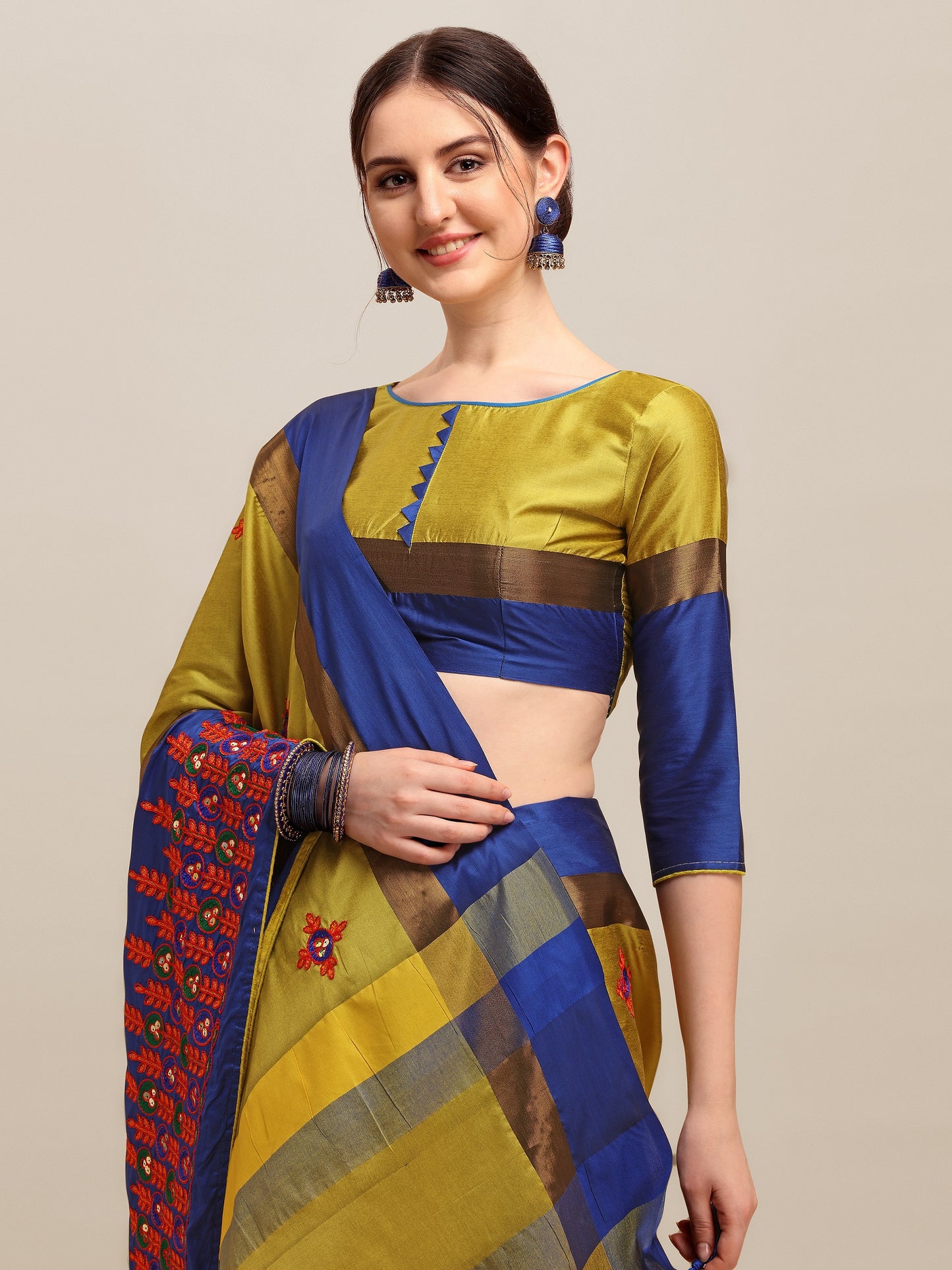 Dhiyona RV Women's Designer Traditional Embroidered Cotton Silk Saree With Blouse ( KVD1242 )