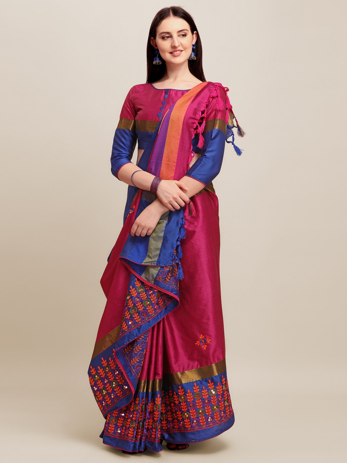Dhiyona RV Women's Designer Traditional Embroidered Cotton Silk Saree With Blouse ( KVD1244 )